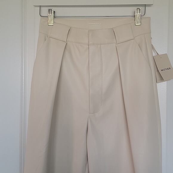 NWT MOTHER Faux Leather Hi Waist Tunnel Vision Pleat Prep Sneak Pant-Egret, 26 - Picture 6 of 11